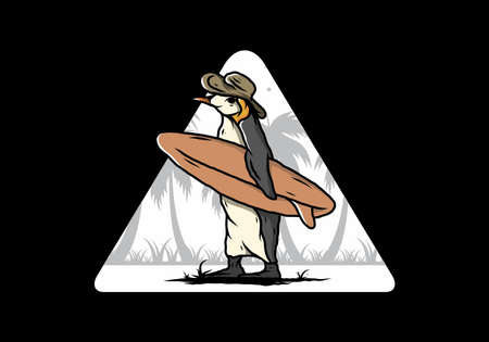 Illustration of the Cute penguin carrying a surfboard between coconut treesのイラスト素材