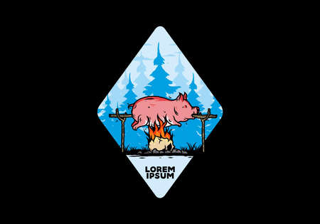 Vintage color of pork roast on fire illustration designのイラスト素材