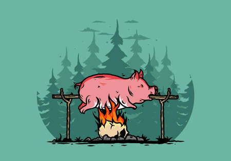 Vintage color of pork roast on fire illustration designのイラスト素材