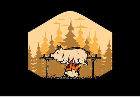 Vintage color of pork roast on fire illustration designのイラスト素材