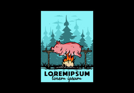 Vintage color of pork roast on fire illustration designのイラスト素材