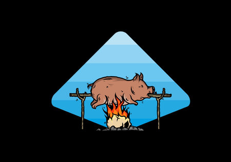 Vintage color of pork roast on fire illustration designのイラスト素材