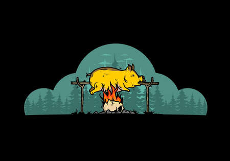 Vintage color of pork roast on fire illustration designのイラスト素材