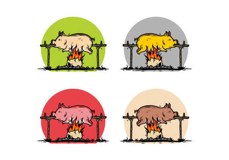 Vintage color of pork roast on fire illustration designのイラスト素材