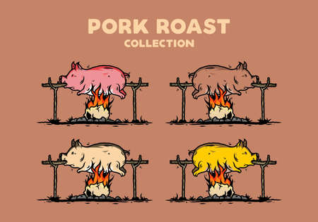 Vintage color of pork roast on fire illustration designのイラスト素材