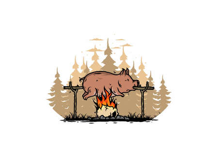 Vintage color of pork roast on fire illustration designのイラスト素材