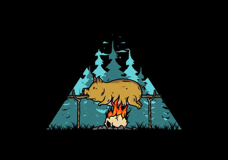 Vintage color of pork roast on fire illustration designのイラスト素材