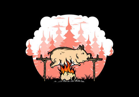 Vintage color of pork roast on fire illustration designのイラスト素材