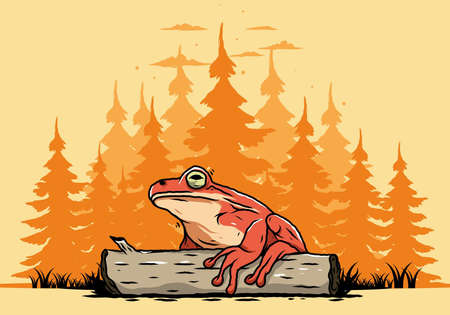 Illustration design of a big frog perched on a logのイラスト素材