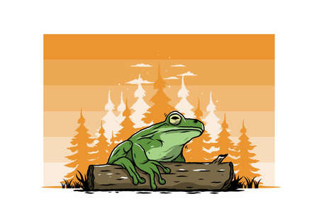 Illustration design of a big frog perched on a logのイラスト素材