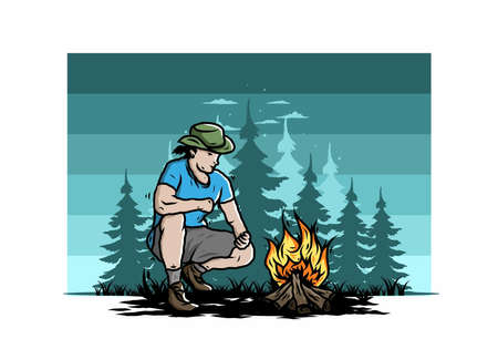 Illustration design of a man is lighting a bonfireのイラスト素材