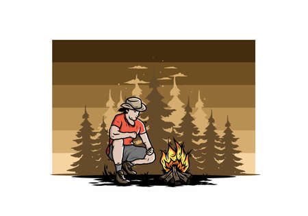 Illustration design of a man is lighting a bonfireのイラスト素材