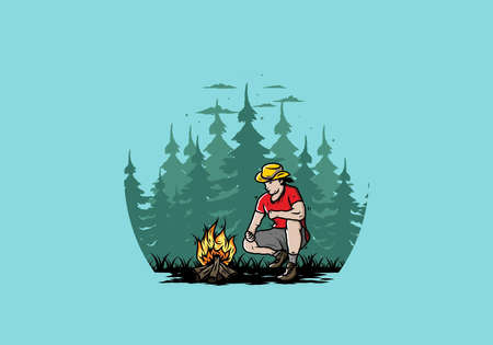 Illustration design of a man is lighting a bonfireのイラスト素材