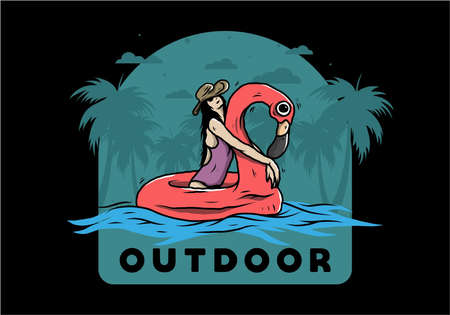 Illustration design of a Girl wearing beach hat in an inflatable lifebuoy Flamingoのイラスト素材