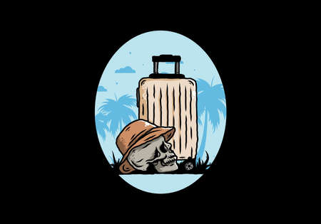 Illustration design of a skull head wearing a hat under a traveling suitcaseのイラスト素材