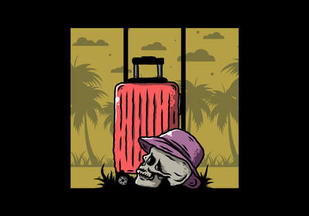 Illustration design of a skull head wearing a hat under a traveling suitcaseのイラスト素材