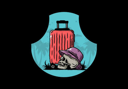 Illustration design of a skull head wearing a hat under a traveling suitcaseのイラスト素材