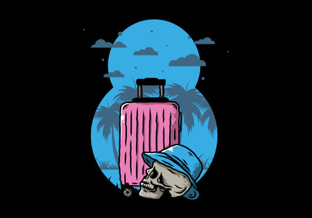Illustration design of a skull head wearing a hat under a traveling suitcaseのイラスト素材