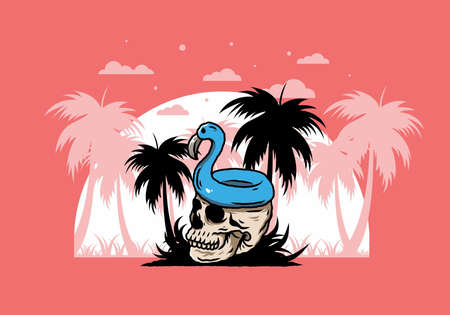 Illustration design of a Flamingo lifebuoy is on top of the skullのイラスト素材