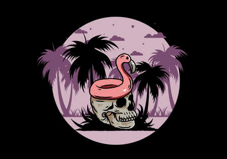 Illustration design of a Flamingo lifebuoy is on top of the skullのイラスト素材