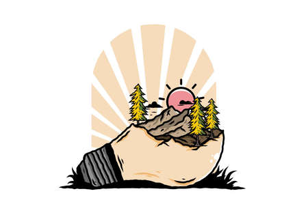 Illustration design of the mountain landscape on bulb lamp
