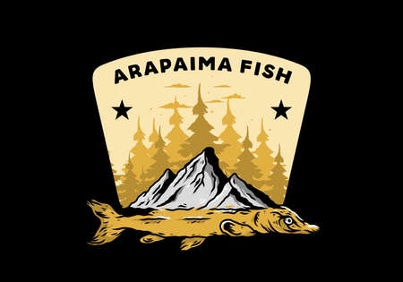 Illustration design of a Arapaima fish and mountainのイラスト素材
