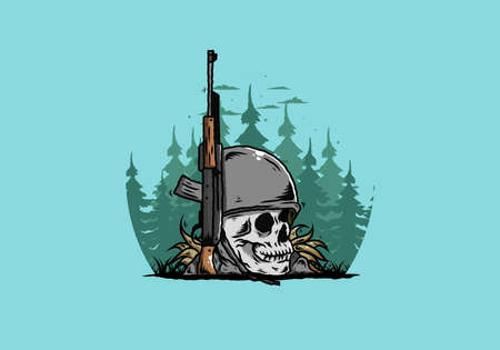 Skull and soldiers helmet with weapon illustration designのイラスト素材