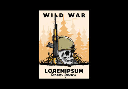 Skull and soldiers helmet with weapon illustration designのイラスト素材