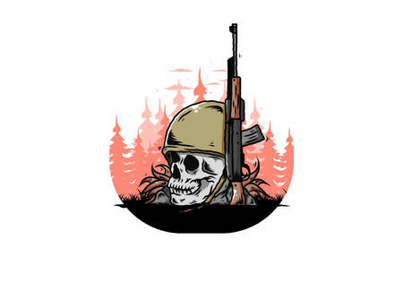 Skull and soldiers helmet with weapon illustration designのイラスト素材