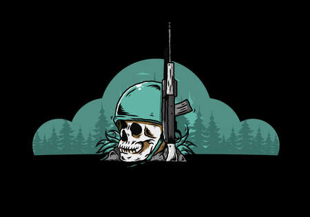 Skull and soldiers helmet with weapon illustration designのイラスト素材
