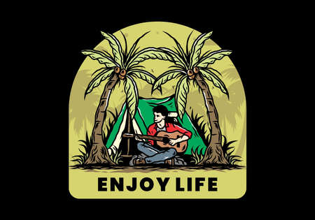 Illustration design of a man with guitar in front of tent between coconut treesのイラスト素材