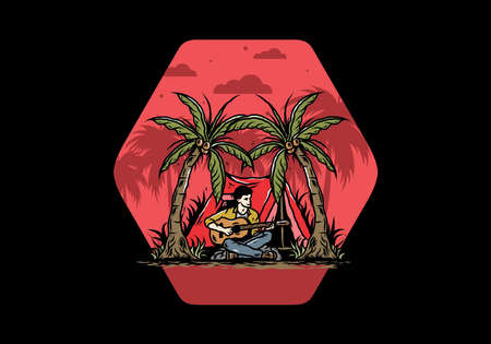 Illustration design of a man with guitar in front of tent between coconut treesのイラスト素材