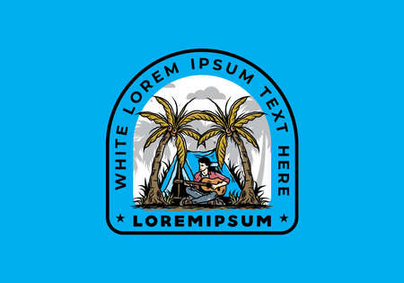 Illustration design of a man with guitar in front of tent between coconut treesのイラスト素材