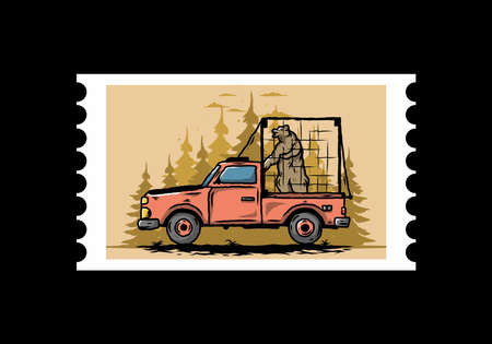 Illustration of a Big bear in cage on carのイラスト素材