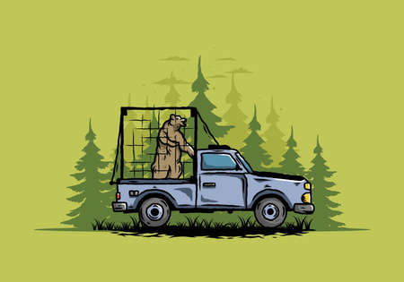 Illustration of a Big bear in cage on carのイラスト素材