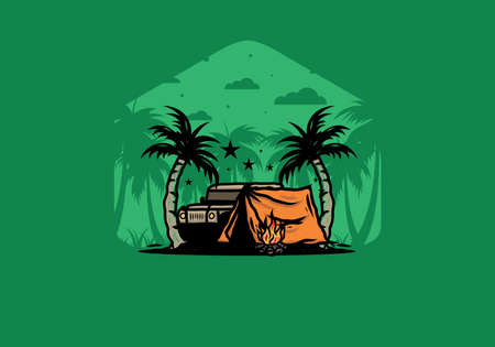 Illustration design of a Camping tent in front of car between coconut treeのイラスト素材