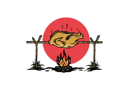 Illustration design of a Grilling chicken over bonfireのイラスト素材