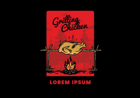Illustration design of a Grilling chicken over bonfireのイラスト素材