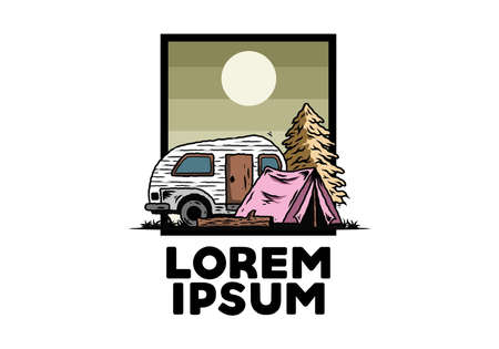 Illustration design of a Teardrop camper and tent in front of pine treeのイラスト素材