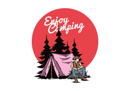 Illustration design of a Man wearing a cowboy hat sitting in front of the tentのイラスト素材