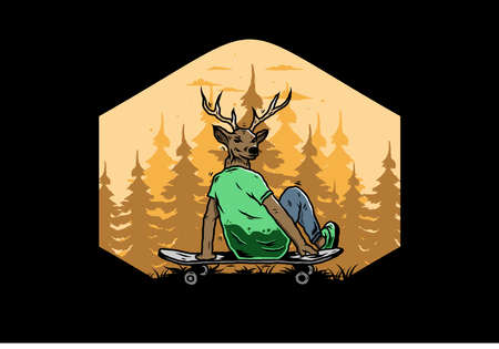 Illustration design of a Man with deer head sitting on skateboardのイラスト素材
