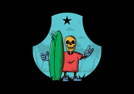 Illustration design of a little skull holding a surfing boardのイラスト素材