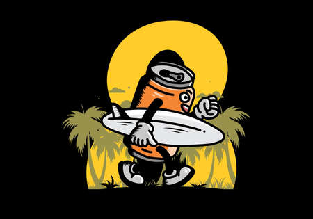 illustration design of a drink can holding a surfboardのイラスト素材