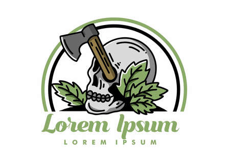 Illustration design of an ax stuck in the skullのイラスト素材