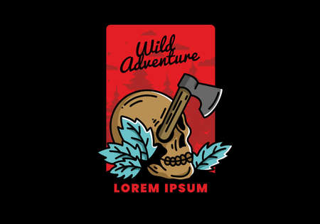 Illustration design of an ax stuck in the skullのイラスト素材