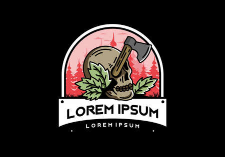 Illustration design of an ax stuck in the skullのイラスト素材