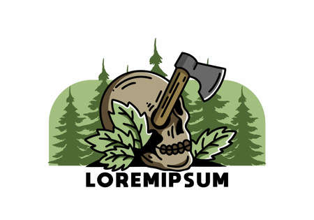 Illustration design of an ax stuck in the skullのイラスト素材