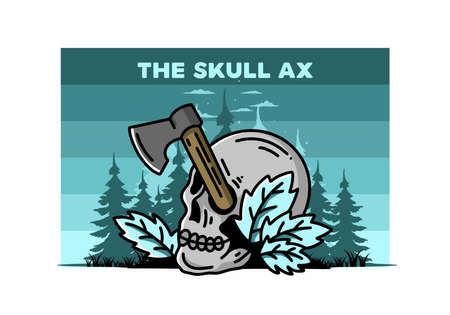 Illustration design of an ax stuck in the skullのイラスト素材
