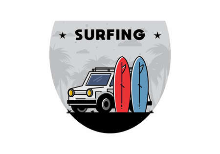 Illustration design of a small car and two surfboardsのイラスト素材