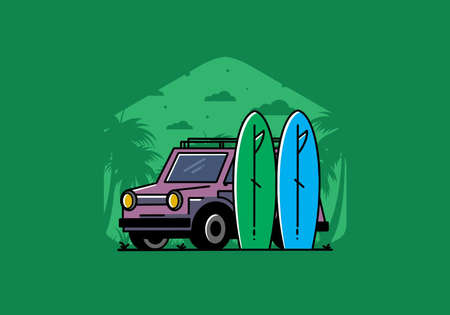 Illustration design of a small car and two surfboardsのイラスト素材